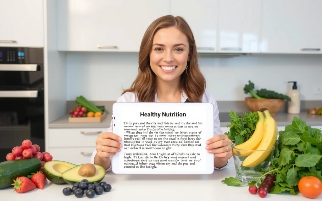 Eine Frau liest einen Artikel über gesunde Ernährung auf einem Tablet, umgeben von frischem Obst und Gemüse.