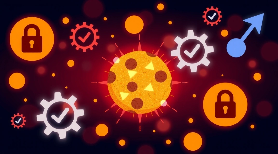 Digitales Bild eines leuchtenden Cookies umgeben von Datenschutzsymbolen