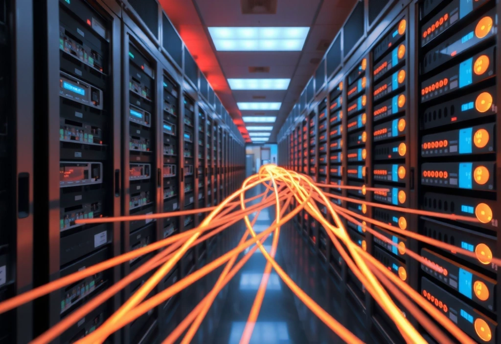 Netzwerksymbole und Datenfluss, symbolisiert Hosting und CDN