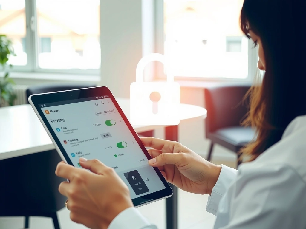 Eine Person betrachtet ihre Privatsphäre-Einstellungen auf einem Tablet mit einem Vorhängeschloss-Symbol