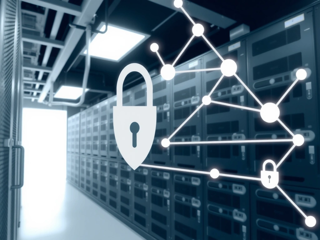 Serverraum mit verschlüsselten Daten und Sicherheitssymbolen