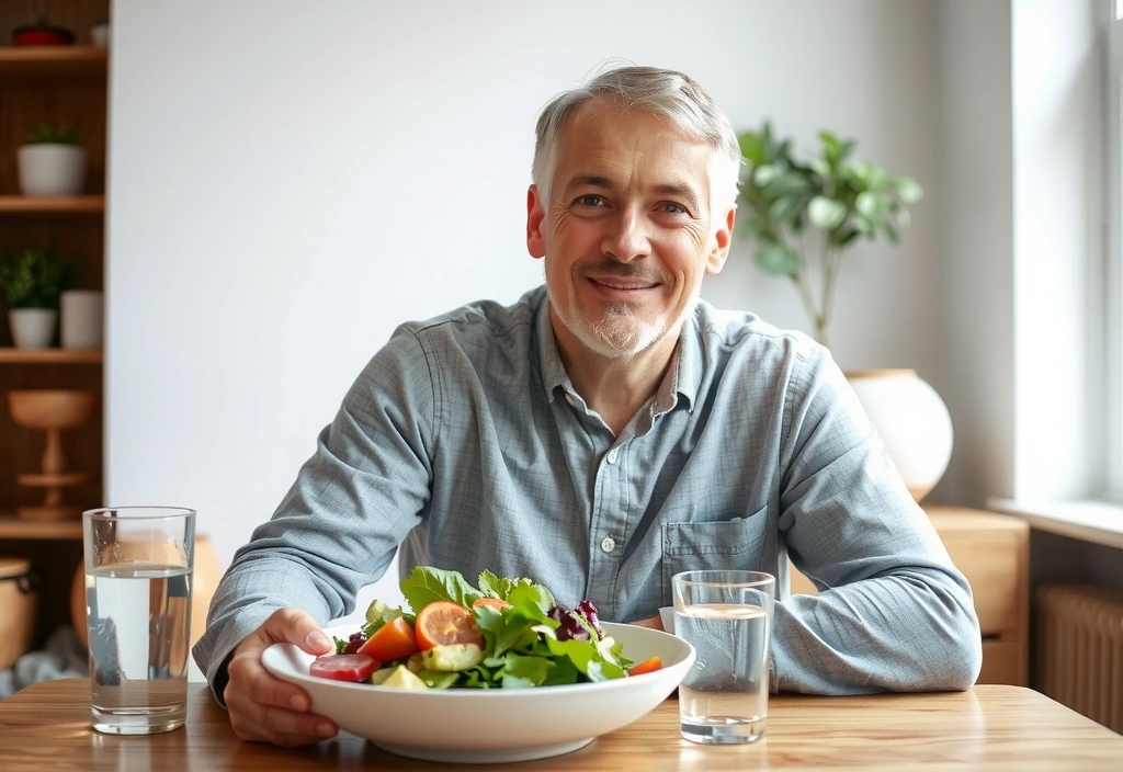 Bild eines Mannes, der entspannt und gesund aussieht, mit einem Fokus auf gesunde Ernährung